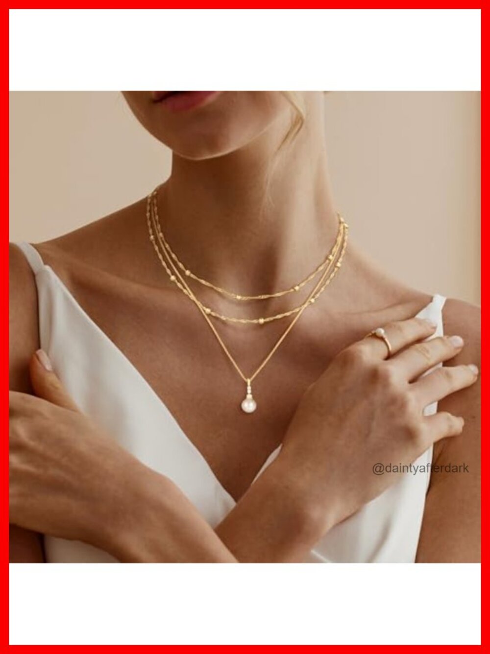 Dainty Layered Pearl Pendant Necklace, Gold Plated, Adjustable - Picture 5 of 6